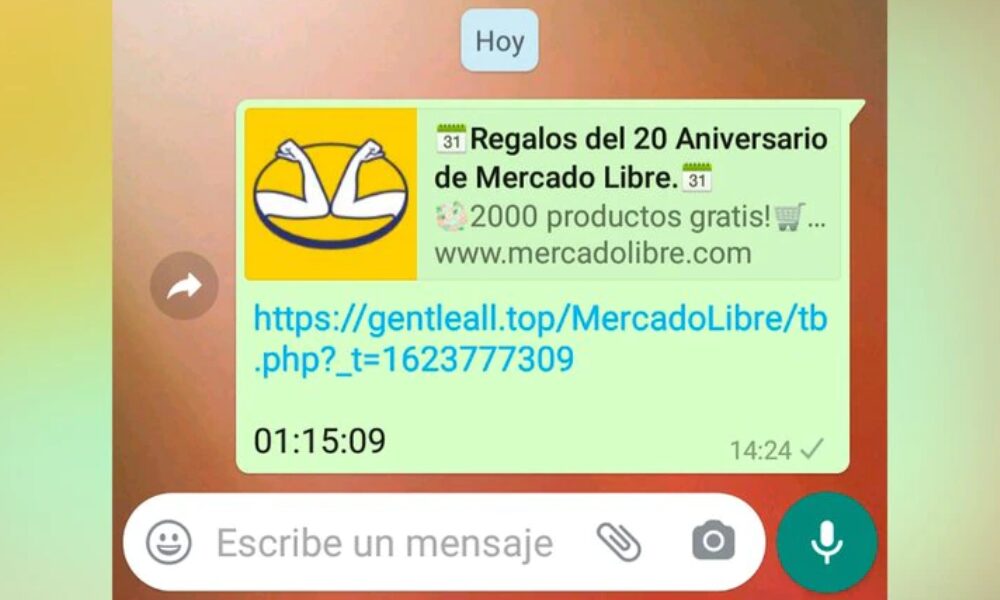 Mercado Libre alerta sobre un sorteo falso que circula por WhatsApp. Mercado Libre alerta sobre un sorteo falso que circula por WhatsApp.