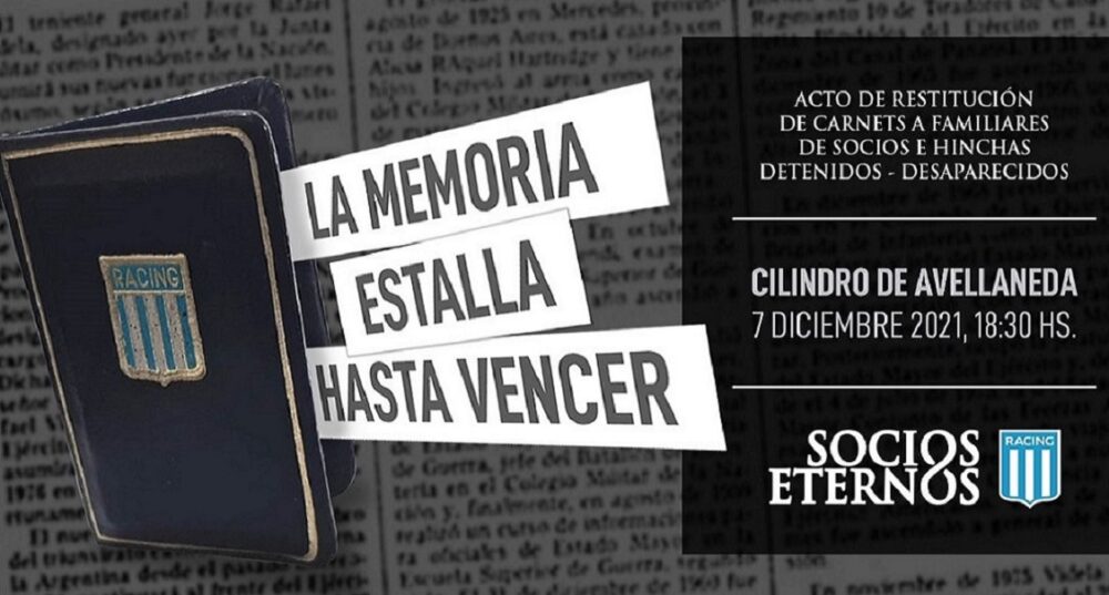 Racing rendirá homenaje a 46 socios e hinchas detenidos desaparecidos. Racing rendirá homenaje a 46 socios e hinchas detenidos desaparecidos.