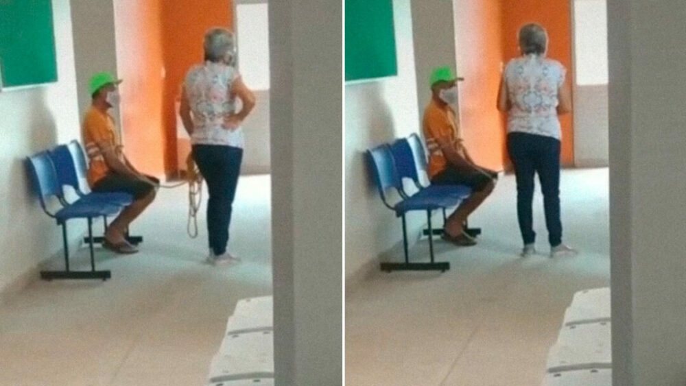 Brasil: Una mujer llevó atado a su marido para que lo vacunen contra el coronavirus. Brasil: Una mujer llevó atado a su marido para que lo vacunen contra el coronavirus.
