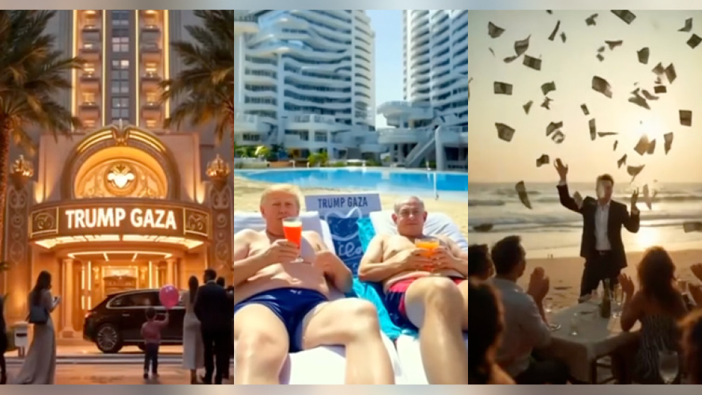 Trump recrea en un vídeo con IA la Gaza que sueña: dinero del cielo, su estatua dorada, Musk comiendo humus y con Netanyahu en la piscina Trump recrea en un vídeo con IA la Gaza que sueña: dinero del cielo, su estatua dorada, Musk comiendo humus y con Netanyahu en la piscina
